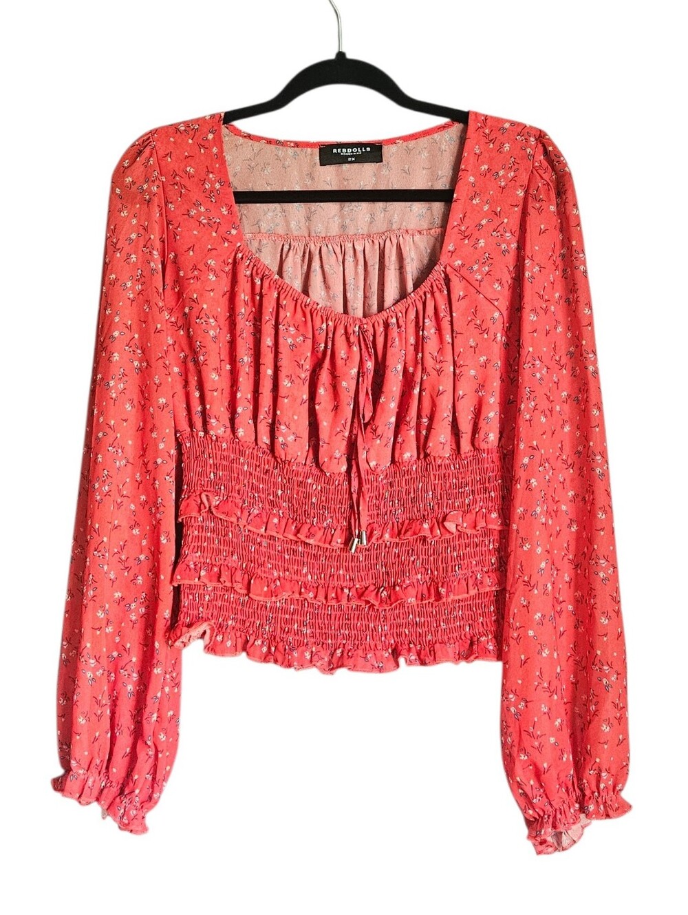 Rebdolls Red Floral Smocked Long Sleeve Boho Blouse - Size 2X